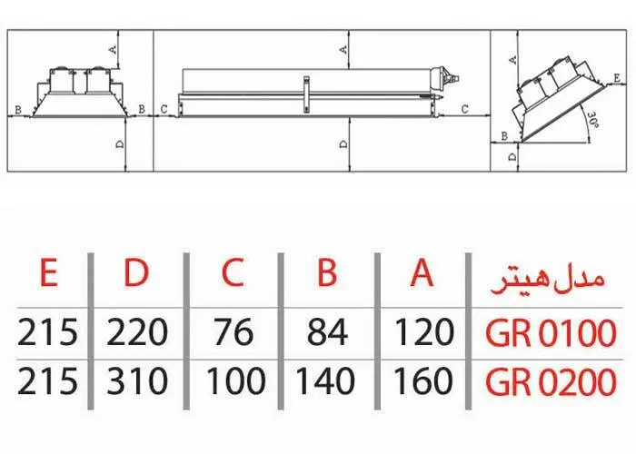 جدول ابعاد هیتر تابشی انرژی